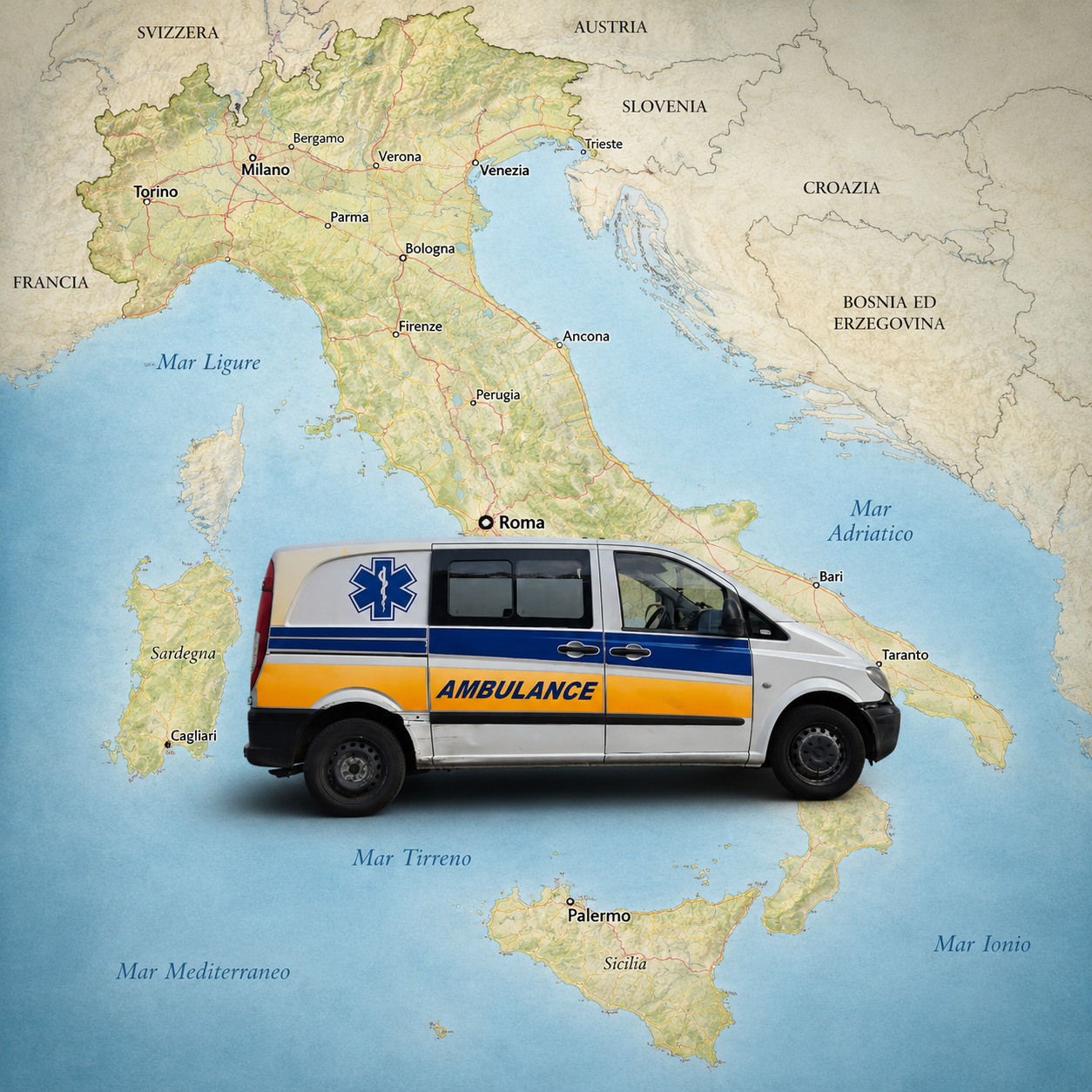 Sanitetski prevoz Italija Srbija – mapa Italije sa sanitetskim vozilom